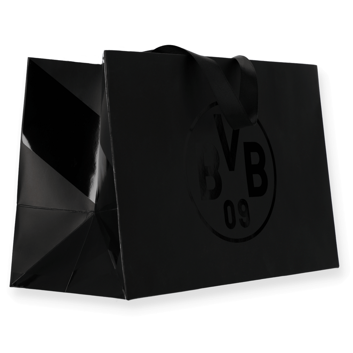 Bolsa de regalo negra con el logotipo brillante del BVB y asas resistentes, perfecta para los aficionados del Borussia Dortmund, de tamaño compacto.