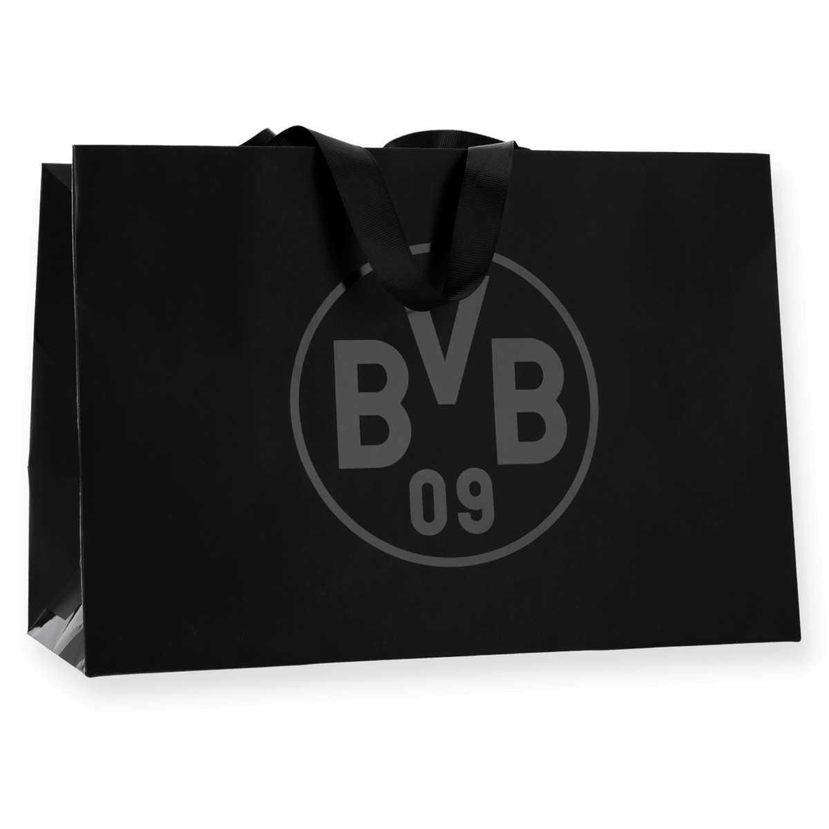 Bolsa de regalo negra del BVB en tamaño pequeño, con un gran logotipo del BVB y asas negras, ideal para regalar artículos para aficionados.