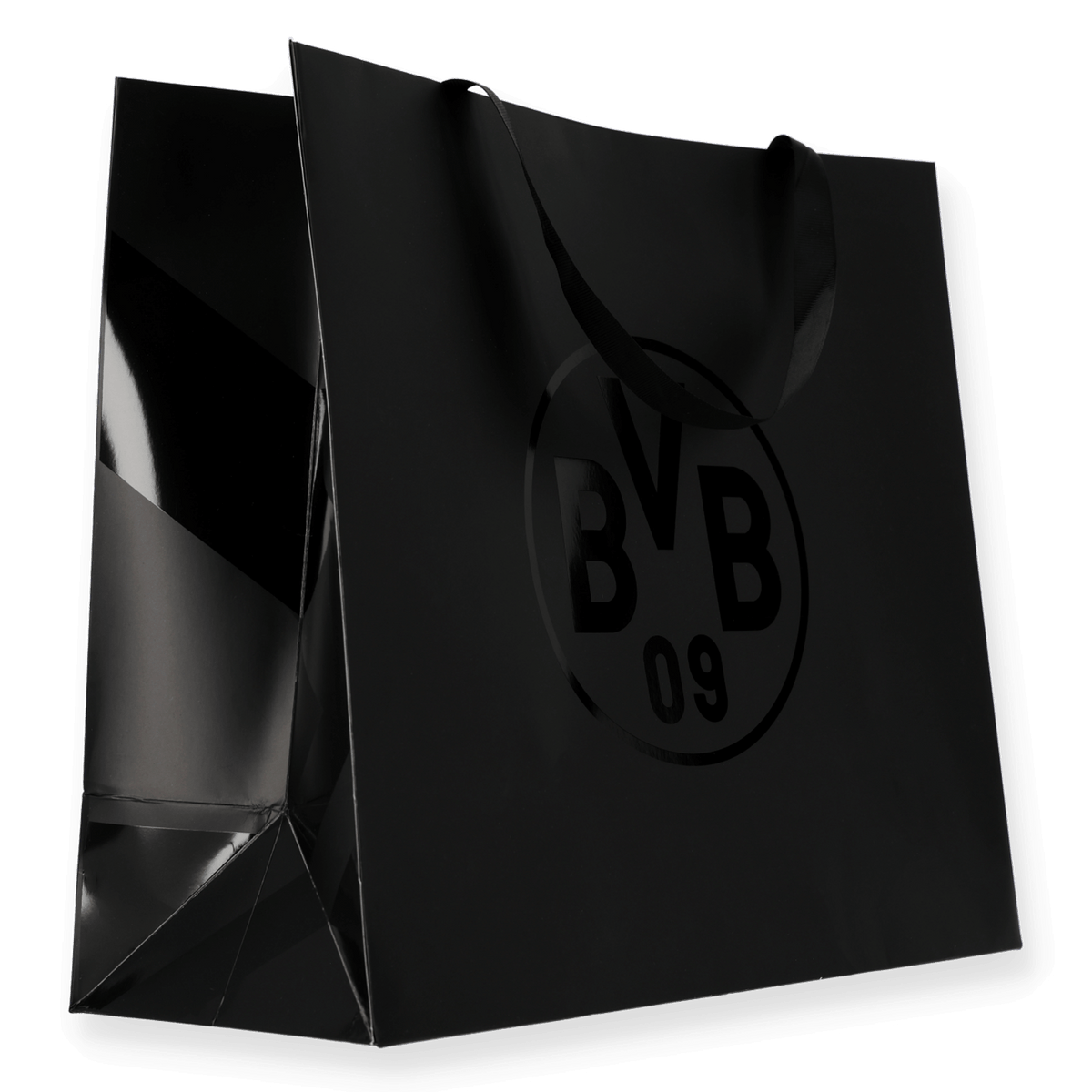 BVBの黒いギフトバッグ。光沢のある仕上げで、中くらいのサイズ、前面には大きなBVBのロゴが入っています。