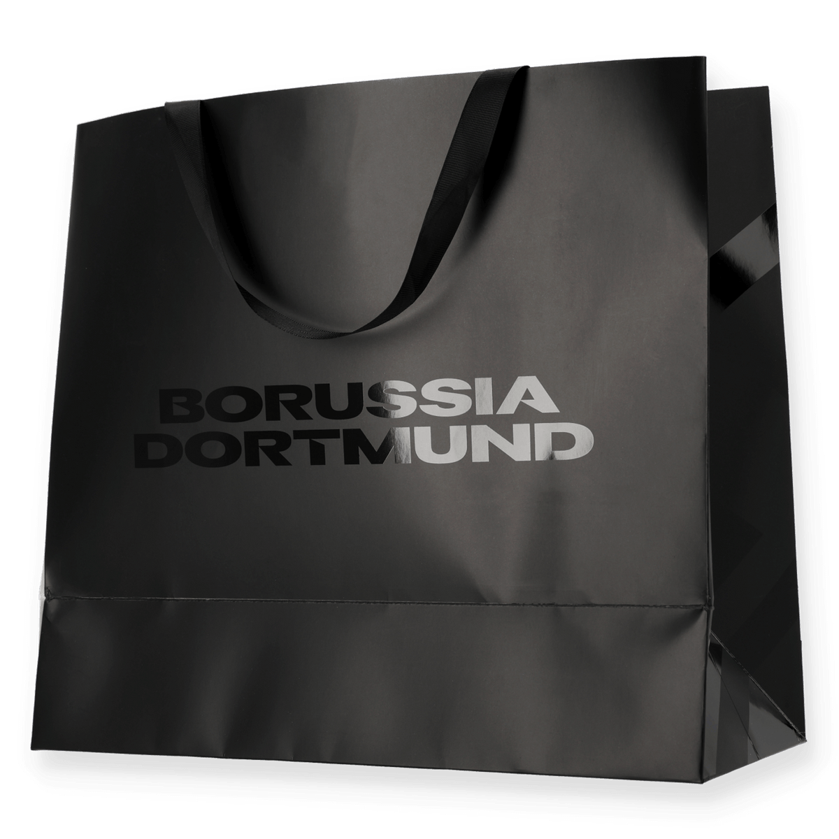 Sac cadeau noir du BVB orné du logo du Borussia Dortmund en lettres claires, idéal comme emballage cadeau élégant pour les supporters.