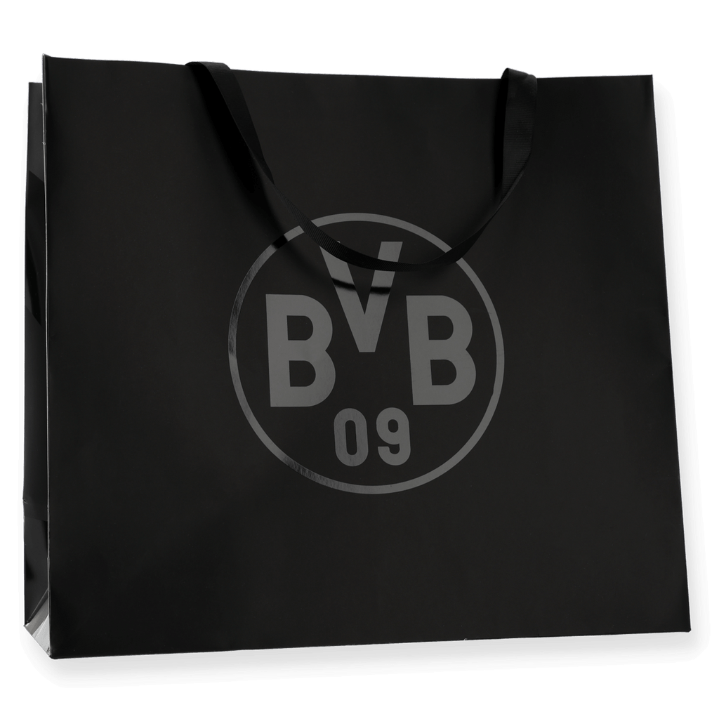 Sac cadeau noir du BVB orné d'un grand logo BVB 09, idéal comme article de supporter ou comme emballage cadeau.