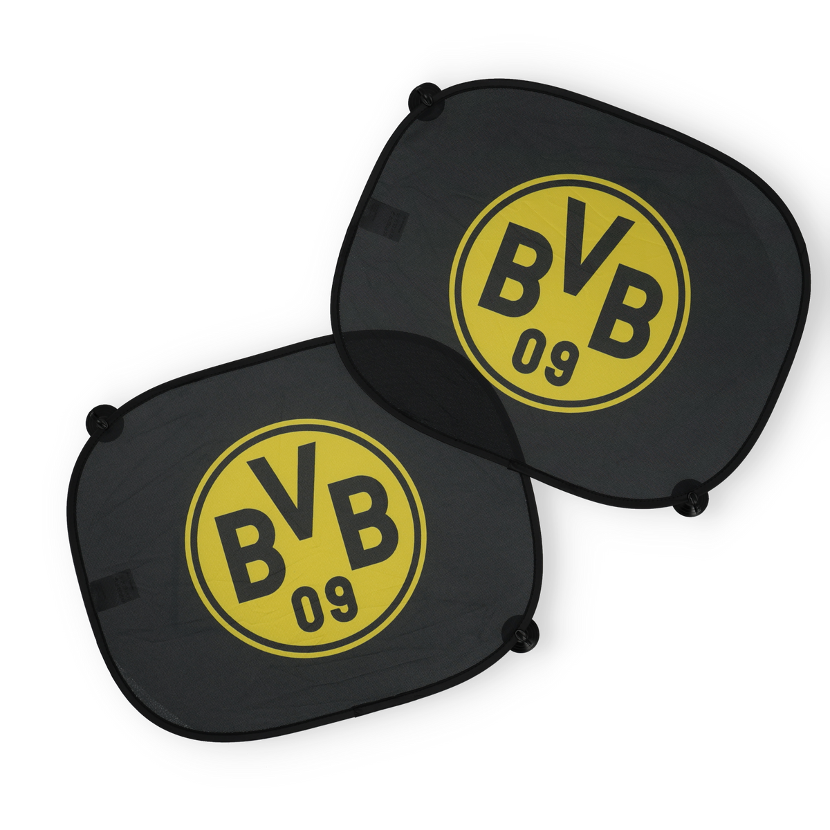 Schwarzgelbe BVB-Sonnenblenden im 2er-Set mit markantem BVB-Logo, geeignet für Autoscheiben als Sonnenschutz.
