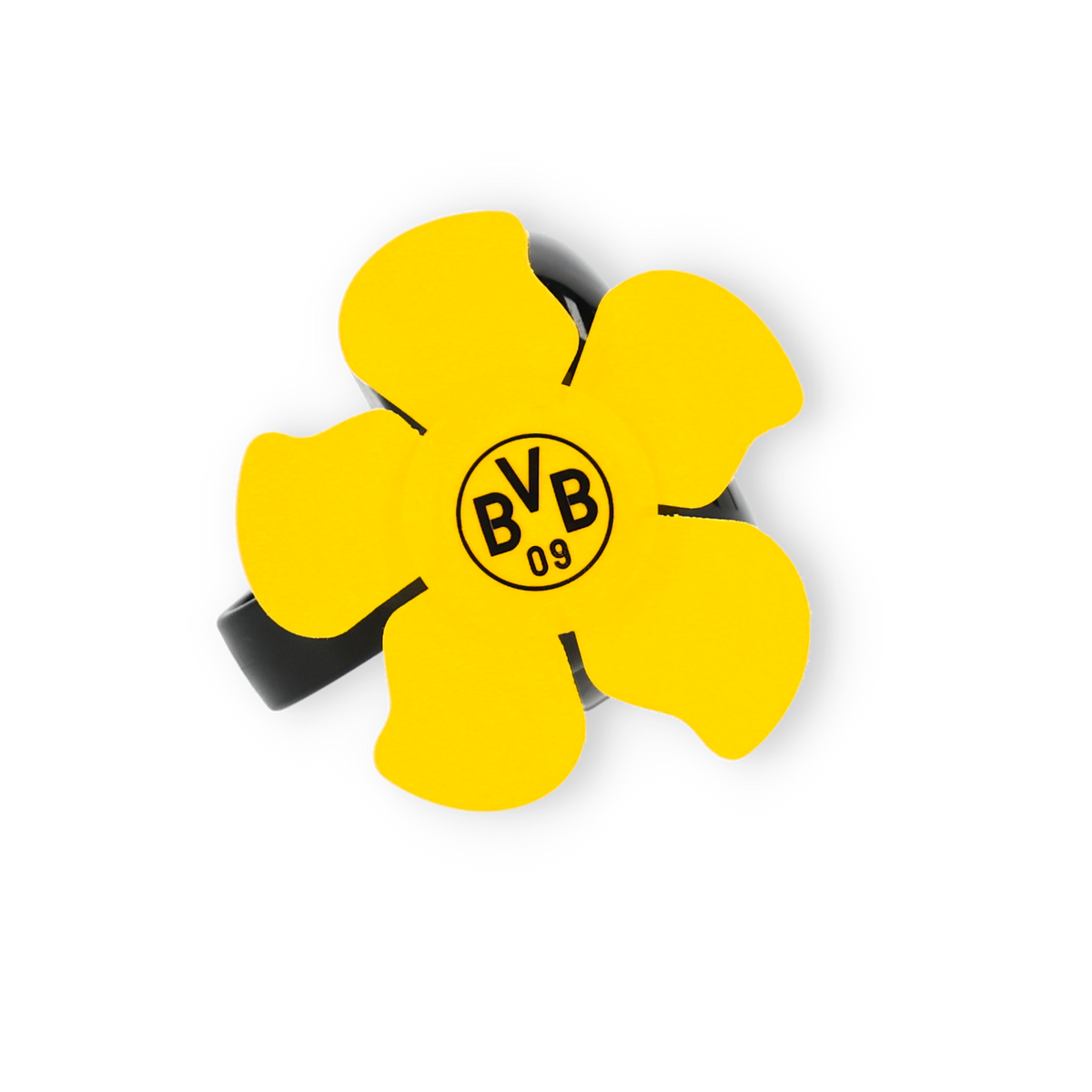Schwarzgelbe BVB-Fahrradklingel im Design einer Windmühle, mit BVB-Logo in der Mitte. Perfekt für Fans von Borussia Dortmund.