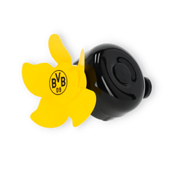 Black-and-yellow bicycle bell from Borussia Dortmund featuring a windmill design and the BVB logo.