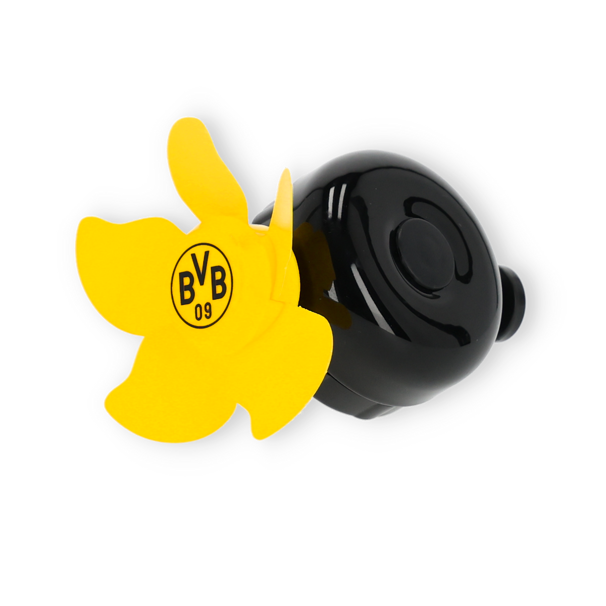 Schwarzgelbe Fahrradklingel von Borussia Dortmund mit Windmühlen-Design und BVB-Logo.