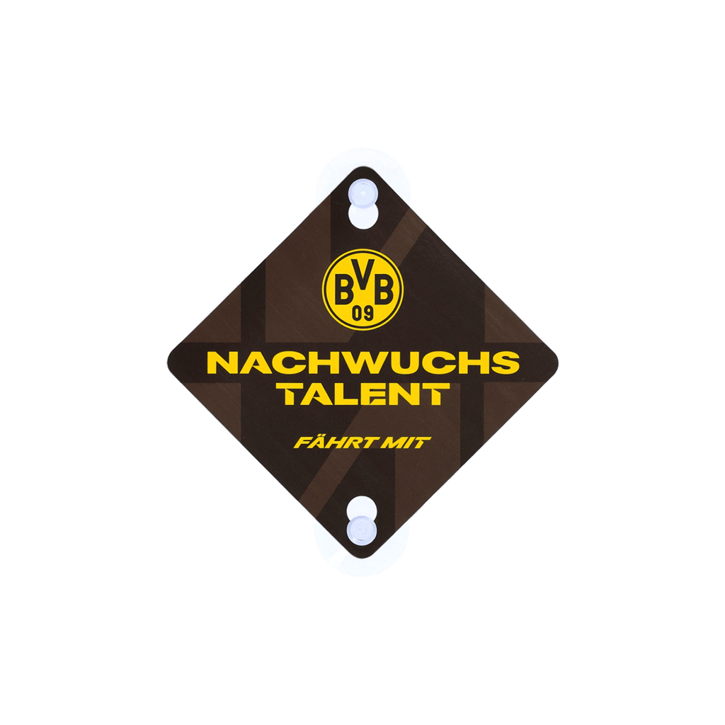 Plaque BVB noire et jaune avec ventouses, portant l'inscription « Nachwuchstalent fährt mit » et le logo du BVB, idéale pour les jeunes joueurs et les supporters en voiture.