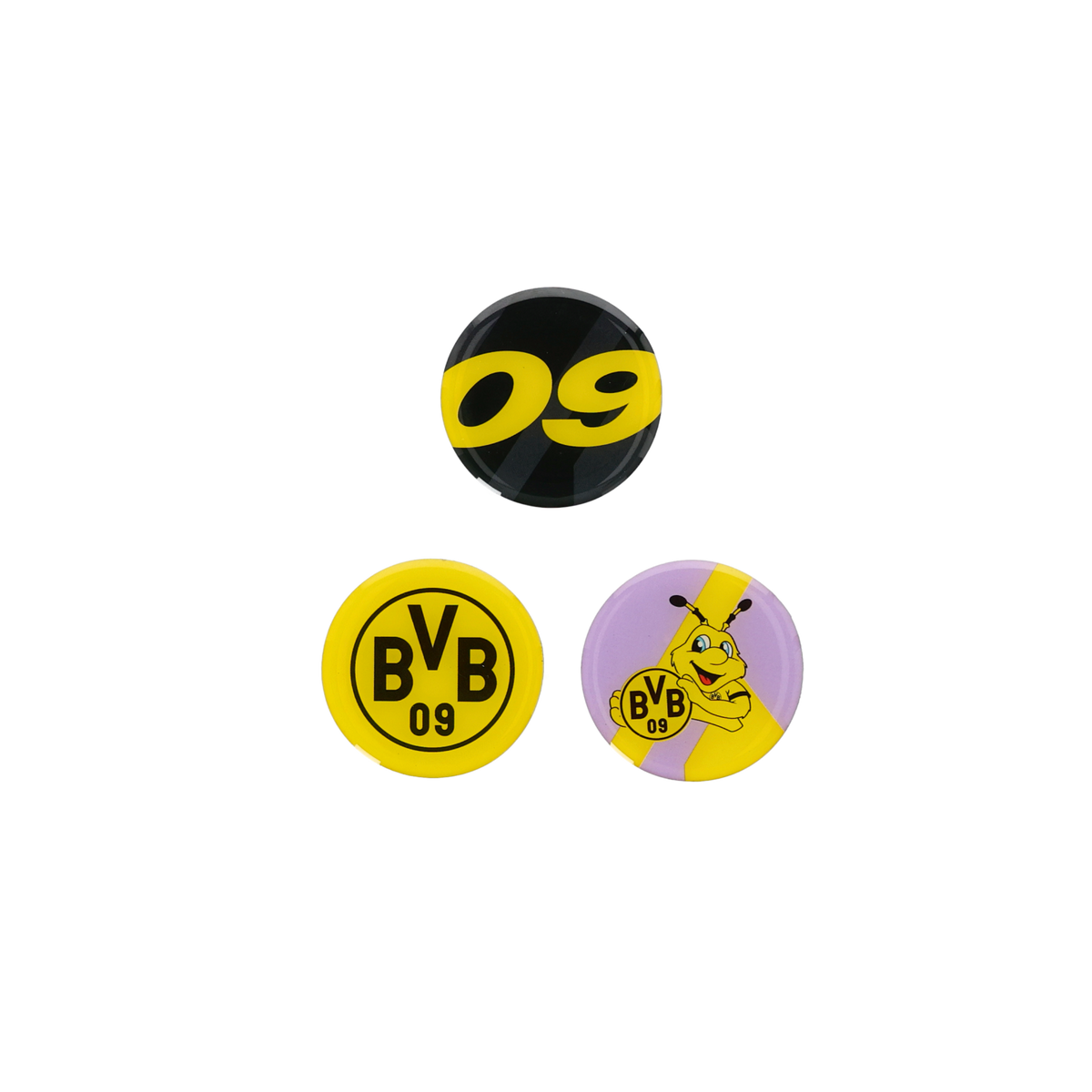 Lot de trois aimants du BVB avec le logo du club, le chiffre 09 en noir et jaune et le motif EMMA en violet et jaune, comme articles de supporters.