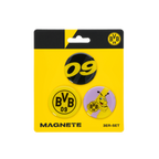 Lot de trois aimants BVB aux couleurs noir et jaune, comprenant un aimant avec le logo BVB 09, un autre avec le chiffre 09 et un dernier avec le motif EMMA, présentés dans un emballage jaune destiné aux articles de supporters.