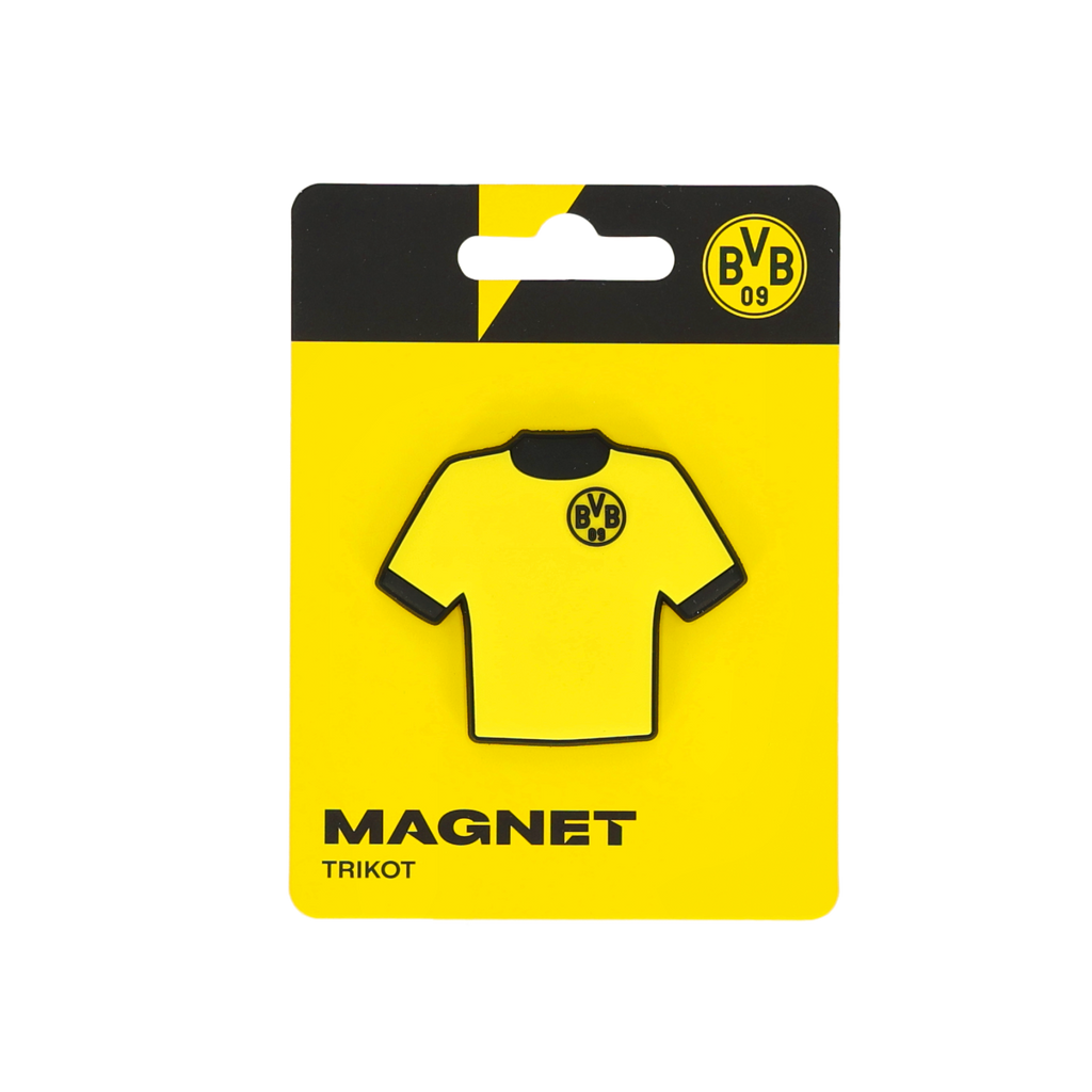 Vue de face de l'emballage présentant un aimant du BVB en forme de maillot, avec le logo du BVB sur la poitrine.