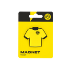 Vue de face de l'emballage présentant un aimant du BVB en forme de maillot, avec le logo du BVB sur la poitrine.
