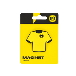 Vue de face de l'emballage présentant un aimant du BVB en forme de maillot, avec le logo du BVB sur la poitrine.