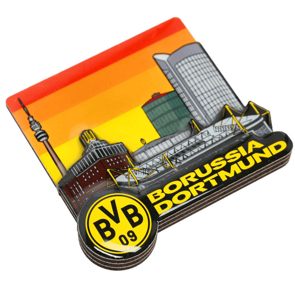 Aimant du BVB au design 3D représentant la silhouette de Dortmund, le SIGNAL IDUNA PARK et le logo du BVB. Idéal comme article de supporter ou objet de collection.