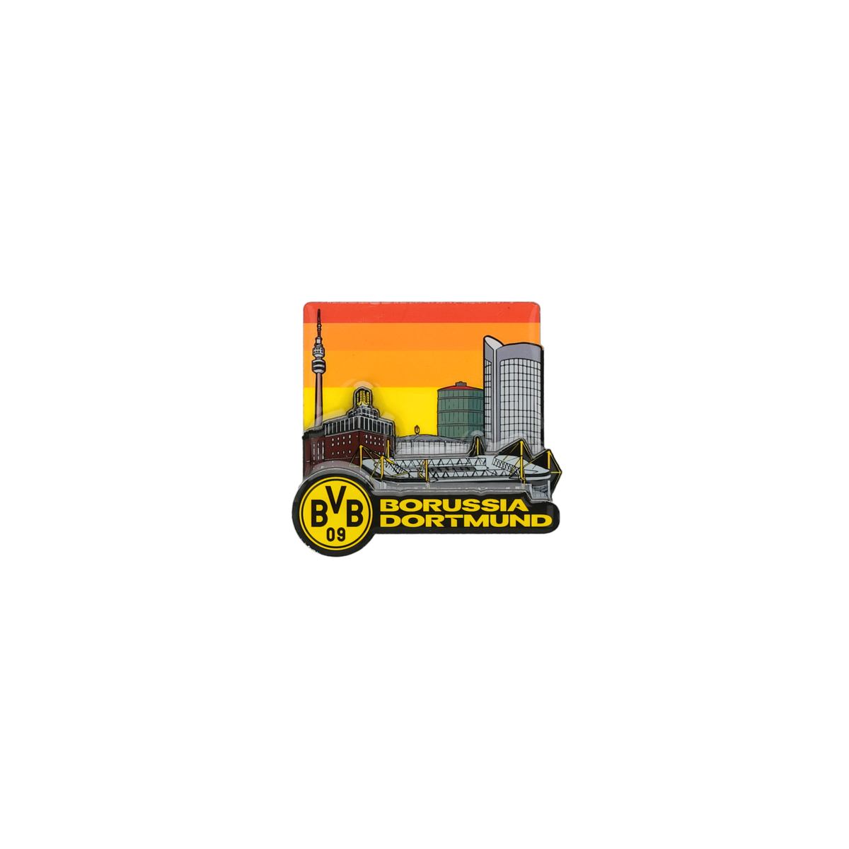 Aimant 3D représentant la ligne d'horizon de Dortmund, avec le SIGNAL IDUNA PARK et le logo du BVB. Un produit officiel du Borussia Dortmund aux couleurs noir et jaune.