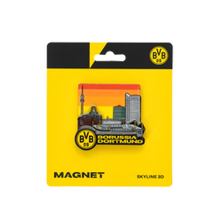 Magnete 3D con lo skyline di Dortmund, il logo del BVB e la scritta "Borussia Dortmund" su una confezione gialla, perfetto come gadget per i tifosi o come souvenir.