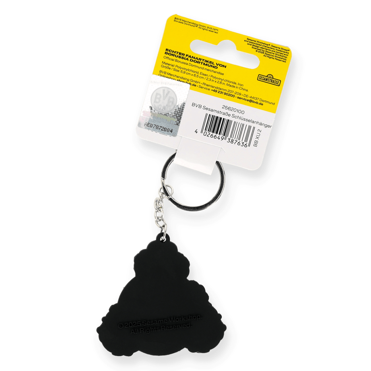 Black key chain from Borussia Dortmund in collaboration with Sesame Street; rear view showing BVB packaging