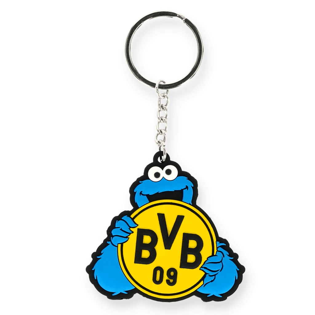 钥匙扣上印有蓝色的“饼干怪兽”图案，以及印有“BVB 09”字样的黄黑双色多特蒙德队徽，是多特蒙德足球俱乐部（Borussia Dortmund）的官方球迷周边商品。
