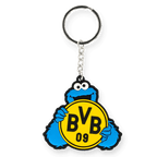 钥匙扣上印有蓝色的“饼干怪兽”图案，以及印有“BVB 09”字样的黄黑双色多特蒙德队徽，是多特蒙德足球俱乐部（Borussia Dortmund）的官方球迷周边商品。