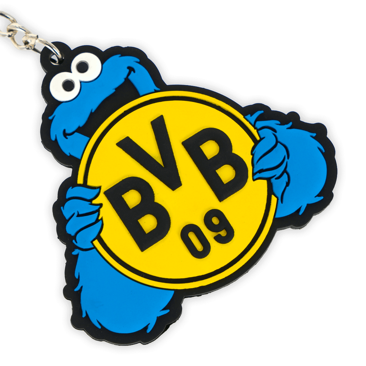 来自多特蒙德（BVB）与《芝麻街》联名系列的钥匙扣。上面印有标志性的饼干怪兽，以及黑黄相间的多特蒙德队徽。