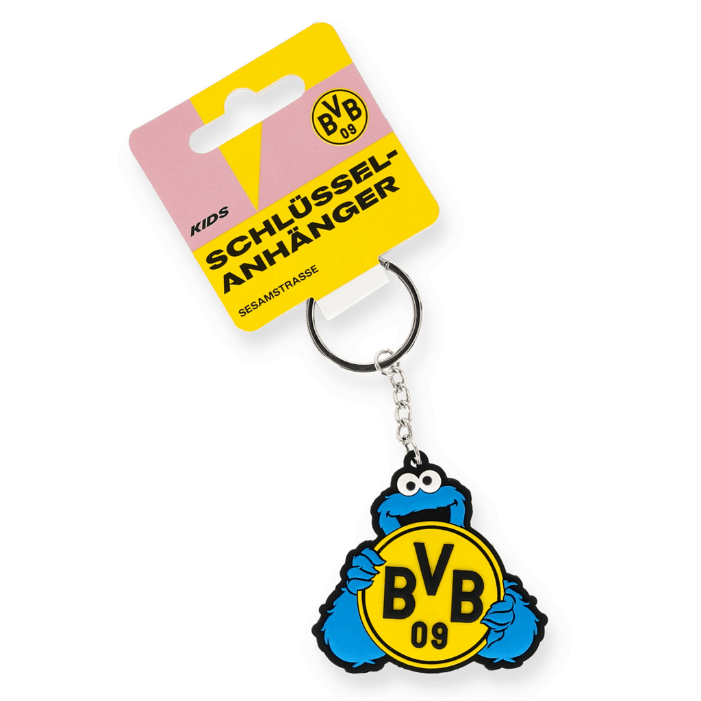 印有“饼干怪兽”图案的钥匙扣，配有黄黑相间的多特蒙德BVB 09队徽。是多特蒙德球迷和孩子们的不二之选。