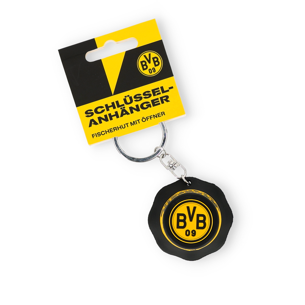 Porte-clés du Borussia Dortmund en forme de chapeau de pêcheur avec décapsuleur intégré, design noir et jaune orné du logo du BVB. Idéal comme article de supporter et accessoire pratique.