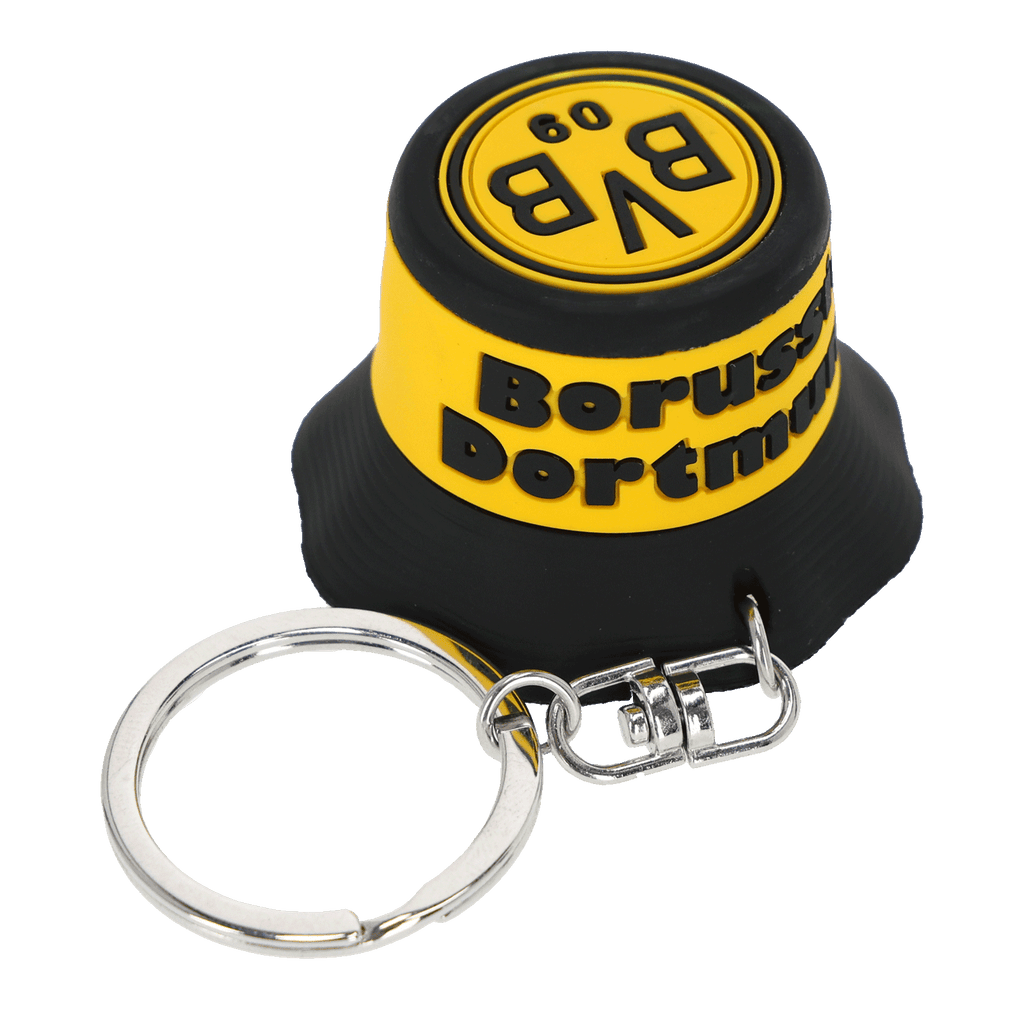 Porte-clés représentant un chapeau de pêcheur noir et jaune aux couleurs du BVB, avec décapsuleur intégré et anneau pour clés. Idéal pour les supporters du Borussia Dortmund.