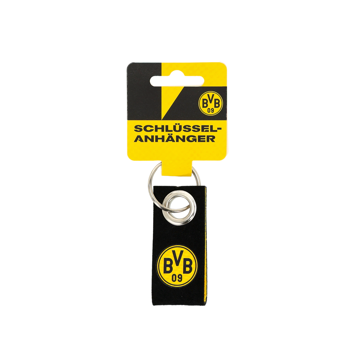 Porte-clés noir et jaune du BVB en feutre, orné du logo BVB 09 et doté d'un anneau pratique pour y accrocher ses clés, idéal pour les supporters du Borussia Dortmund.