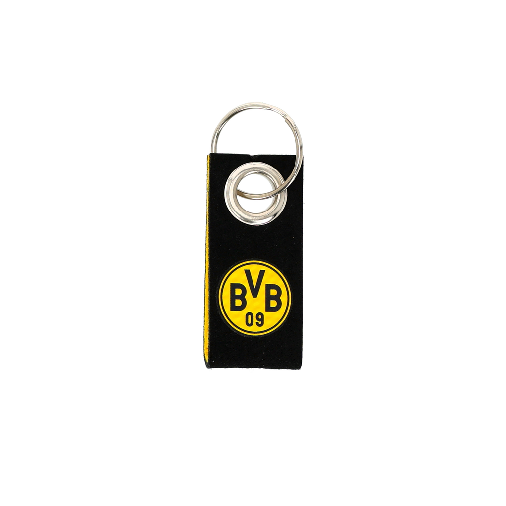 Schlüsselanhänger aus Filz im BVB-Design mit schwarzgelbem Look, BVB-Logo und silbernem Schlüsselring.