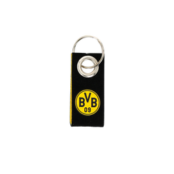 采用BVB设计风格的毛毡钥匙扣，呈现黑黄配色，带有BVB标志和银色钥匙环。