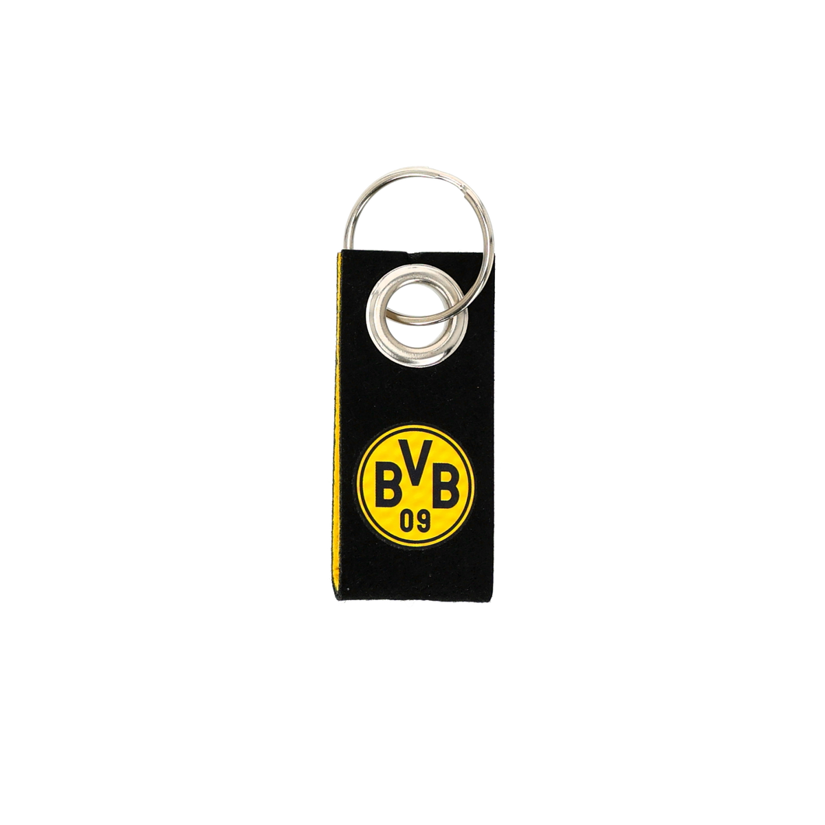Schlüsselanhänger aus Filz im BVB-Design mit schwarzgelbem Look, BVB-Logo und silbernem Schlüsselring.