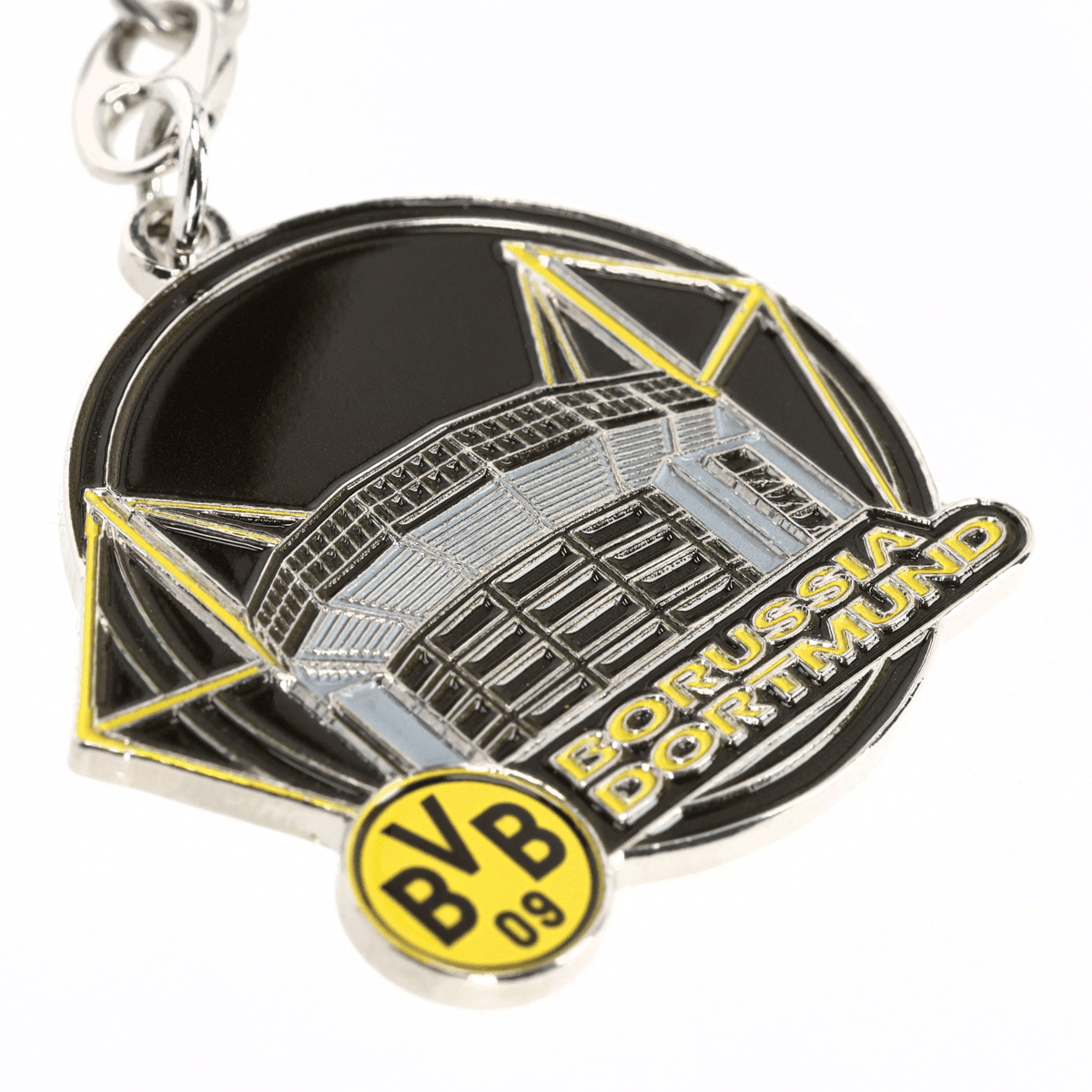 BVB-Schlüsselanhänger mit detailgetreuem Abbild des SIGNAL IDUNA PARKs und BVB-Logo in schwarzgelber Farbe.