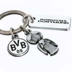 Porte-clés BVB de couleur argentée avec un pendentif en forme d'ange gardien et le logo du Borussia Dortmund, idéal comme cadeau pour les fans de football.