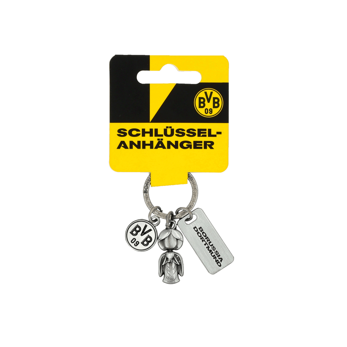 Porte-clés du Borussia Dortmund avec un ange gardien, le logo du BVB et des breloques, motif noir et jaune, produit officiel pour les supporters