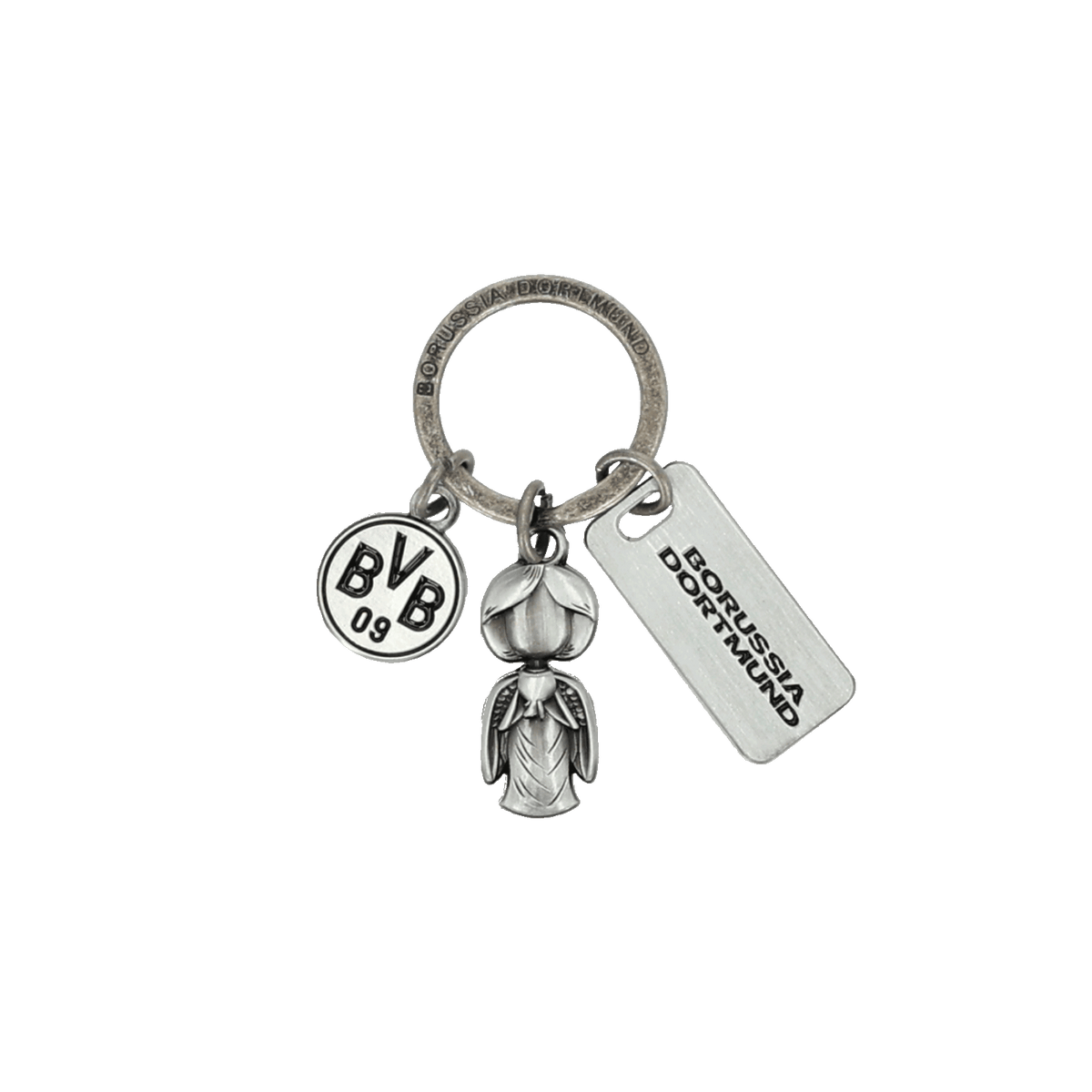 Silberfarbener BVB-Schlüsselanhänger mit Schutzengel-Anhänger, BVB 09-Emblem und Borussia Dortmund Schild. Perfektes Accessoire für jeden Fan.