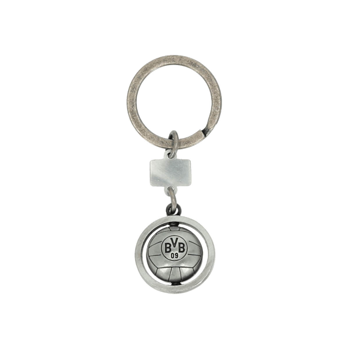 Schlüsselanhänger von Borussia Dortmund in silbernem Spinner-Design mit BVB-Logo in der Mitte, ideal für Fans.