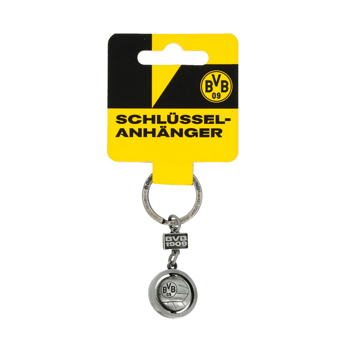 Schlüsselanhänger von Borussia Dortmund im Spinner-Design mit BVB-Logo und gelb-schwarzem Verpackungshintergrund.