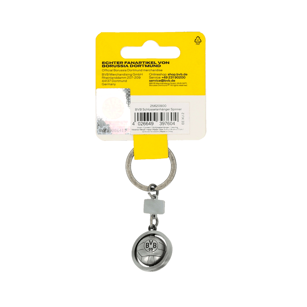 Schlüsselanhänger Spinner mit BVB-Emblem, offizieller Borussia Dortmund Fanartikel in klassischem Design und schwarzgelber Verpackung.