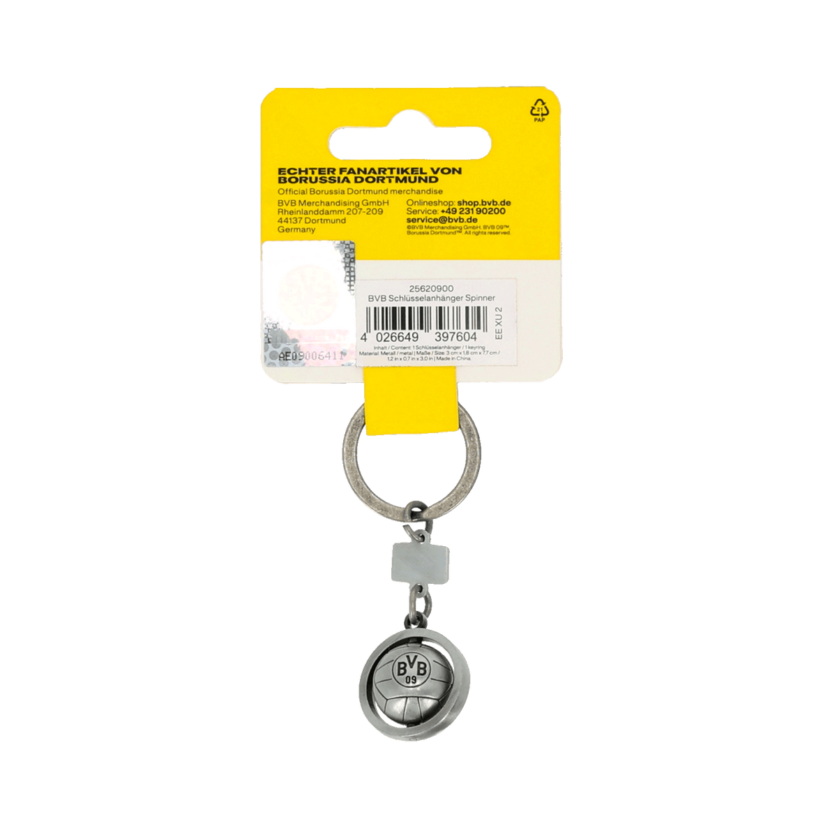 Schlüsselanhänger Spinner mit BVB-Emblem, offizieller Borussia Dortmund Fanartikel in klassischem Design und schwarzgelber Verpackung.
