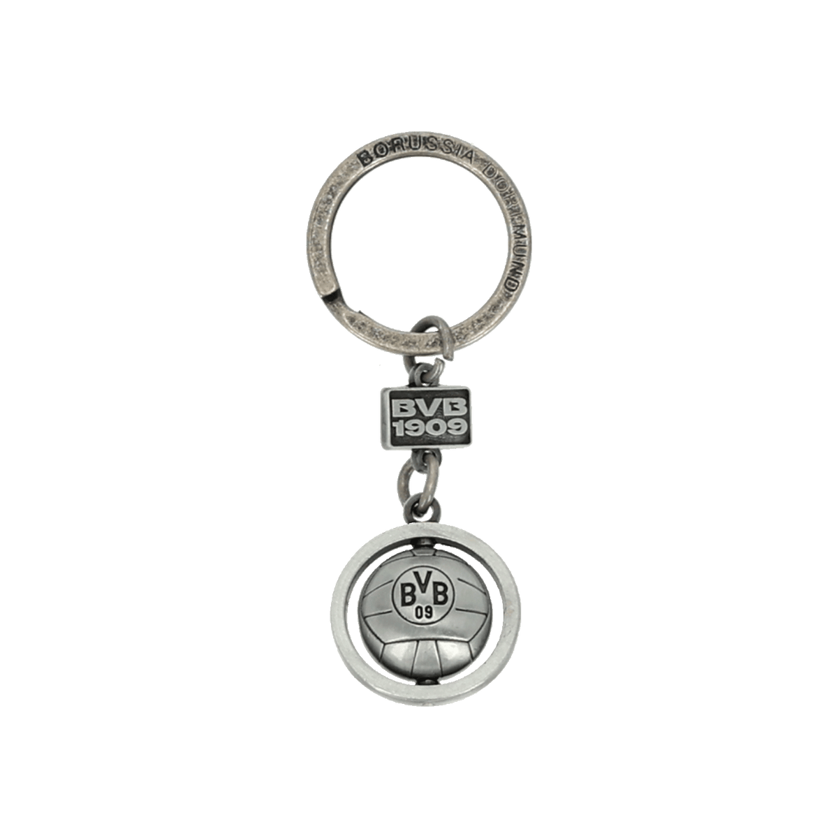 Schicker BVB-Schlüsselanhänger in Schwarz und Silber mit Dreh-Element. Verziert mit BVB-1909-Logo und Borussia-Dortmund-Gravur. Perfekt als Fanartikel und Accessoire.