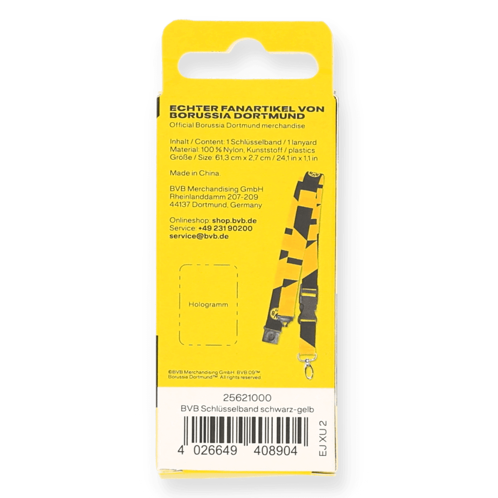 Laccetto per chiavi nei colori nero e giallo con il logo del BVB, merchandising ufficiale del Borussia Dortmund, ideale per i tifosi della squadra