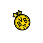Un pin's LED du BVB arborant le logo rond et jaune du club, deux étoiles et une LED intégrée, le tout sur fond noir.