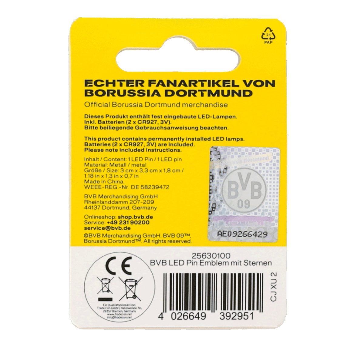Broche LED du BVB avec emblème et étoiles, un produit officiel du Borussia Dortmund aux couleurs noir et jaune.