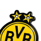Broche LED noire et jaune ornée de l'emblème du BVB et de deux étoiles lumineuses, l'accessoire idéal pour les supporters du Borussia Dortmund.