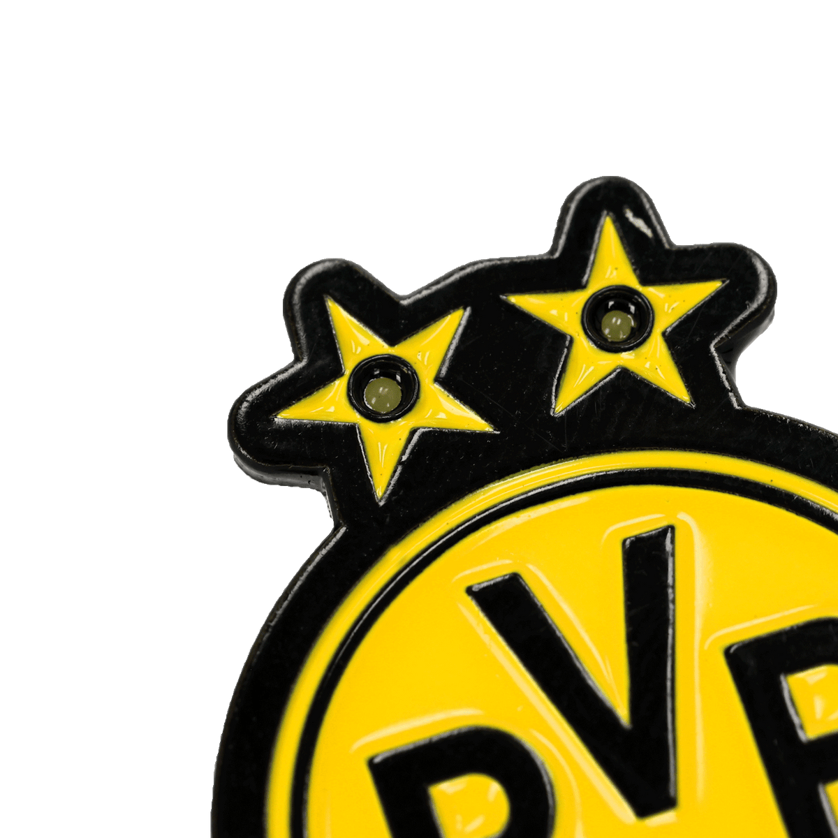 Pin's LED noir et jaune du BVB, orné de l'emblème du BVB et de deux étoiles jaunes, idéal pour les supporters du Borussia Dortmund.