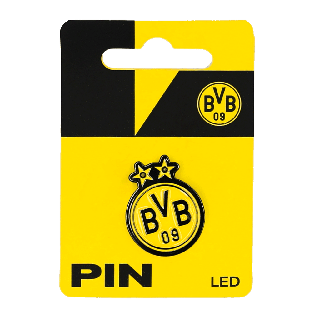 Broche LED du BVB avec emblème et deux étoiles, accessoire de supporter noir et jaune au design fidèle à la marque.