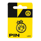 Broche LED du BVB avec emblème et deux étoiles, accessoire de supporter noir et jaune au design fidèle à la marque.