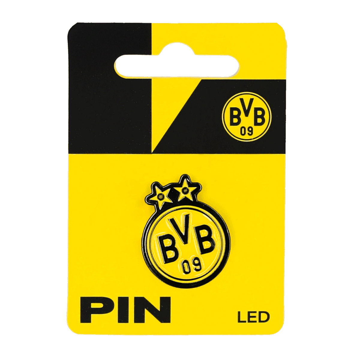 Pin LED del BVB con el escudo y dos estrellas, un accesorio para aficionados en negro y amarillo con un diseño fiel a la marca.