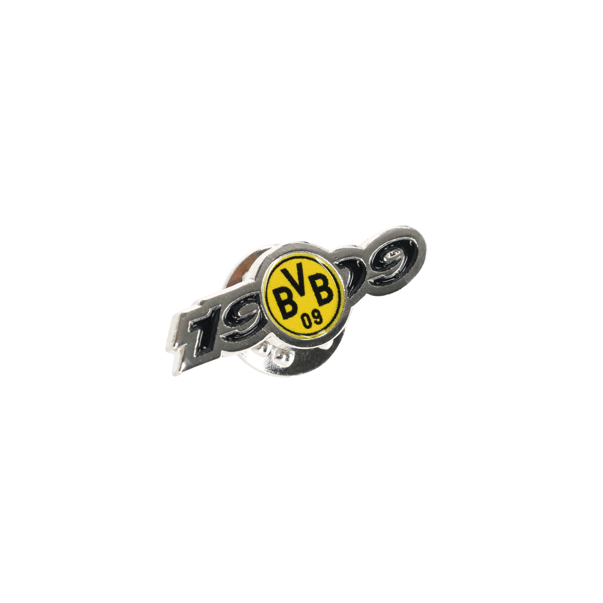 Pin's BVB de couleur argentée, orné d'un emblème jaune et de la date « 1909 », idéal pour les supporters du Borussia Dortmund.