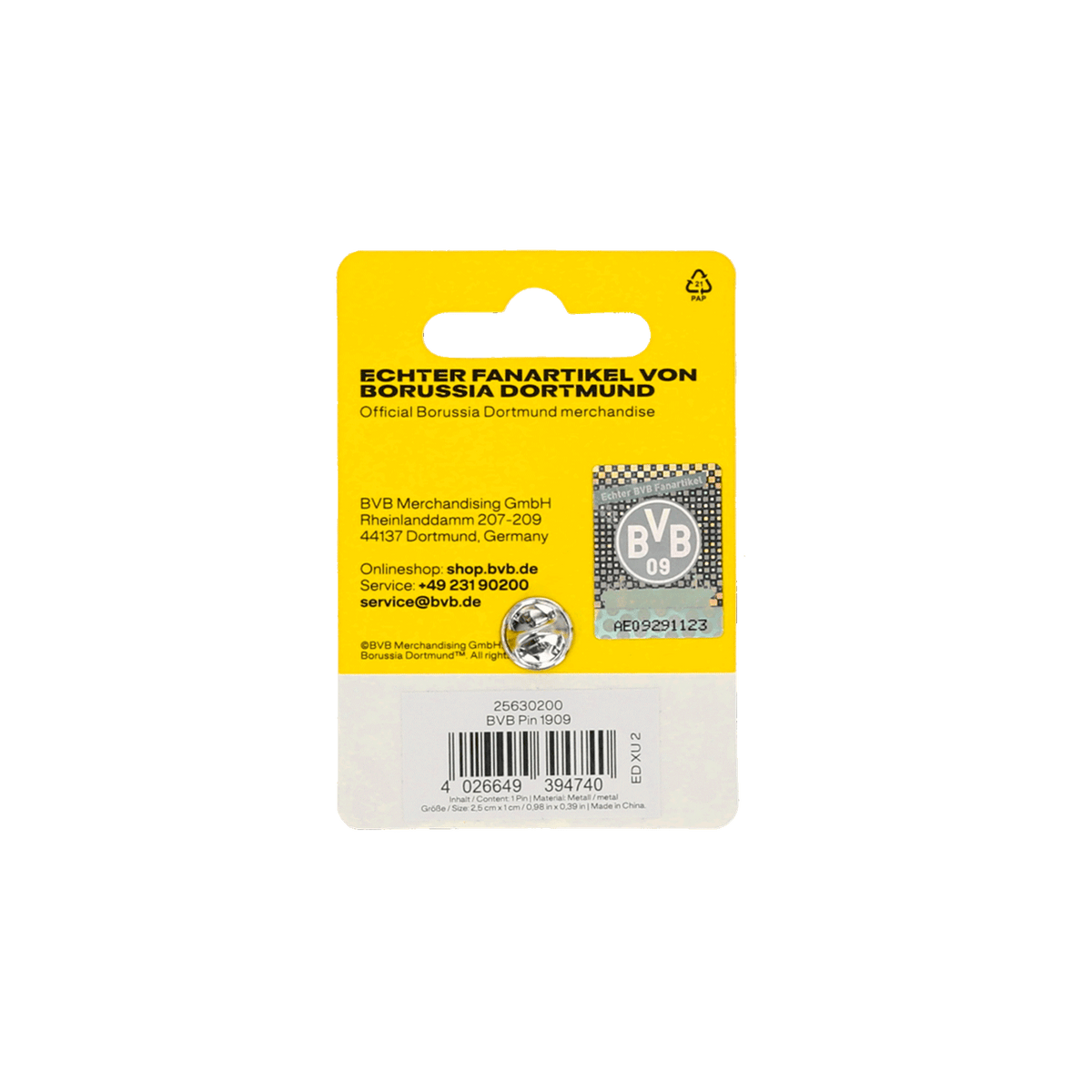 BVB Pin 1909 auf gelber Verpackung mit Borussia Dortmund Logo und Fanartikelbeschreibung.