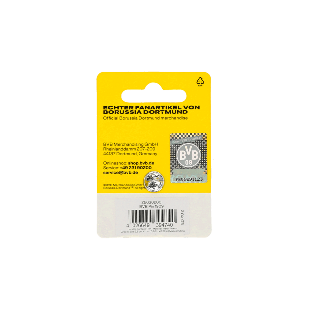 Pin del BVB de 1909 en un embalaje amarillo con el logotipo del Borussia Dortmund y la descripción del artículo para aficionados.