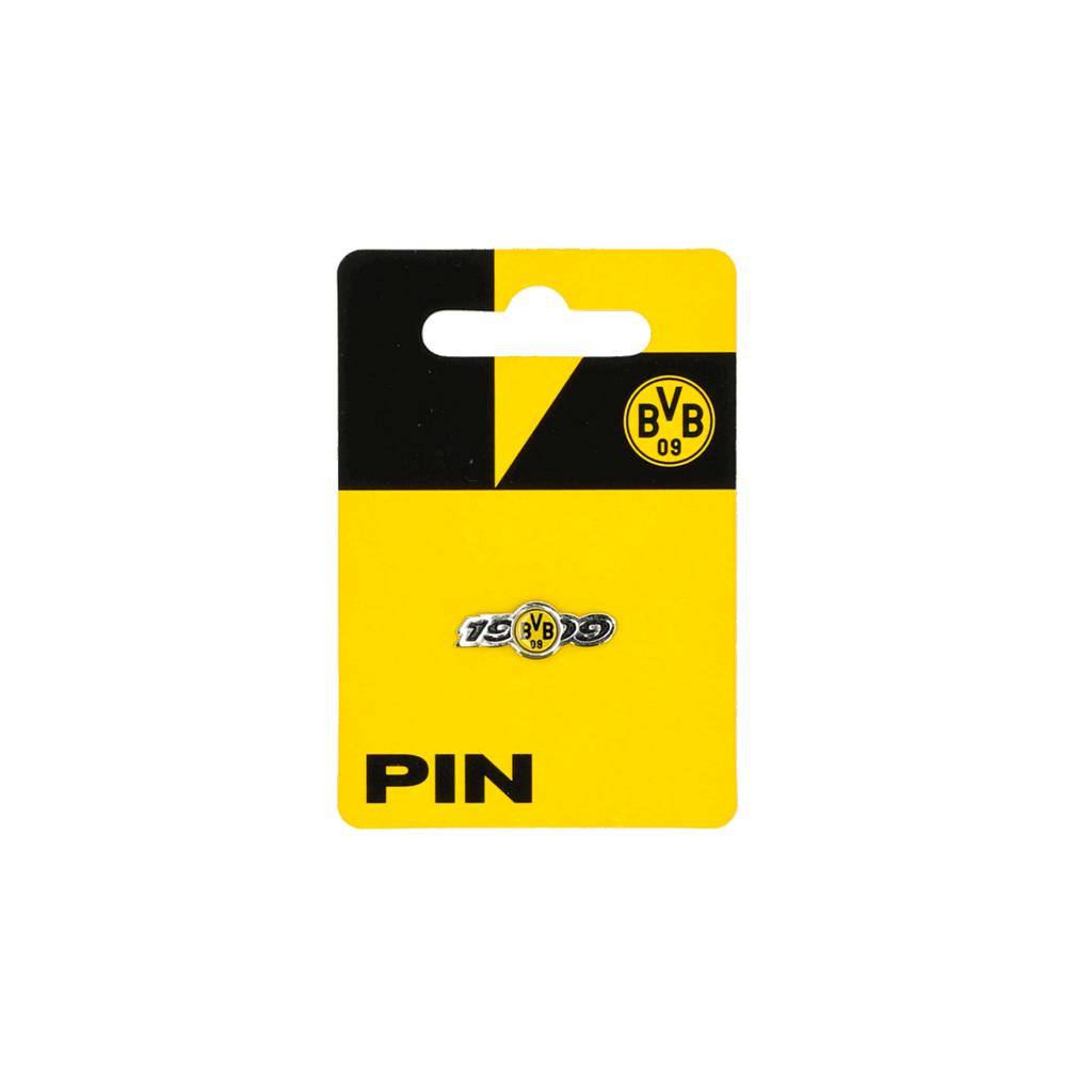 1909年の年号が入った黒と黄色のBVBピン。BVBのロゴが入った黒と黄色のパッケージに収められています。